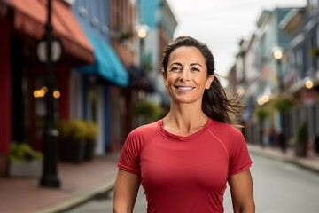 Portrait of a blissful woman in her 40s sporting a breathable mesh jersey while standing against charming small town main street