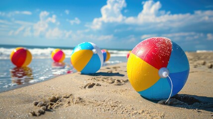 Three colorful beach balls are scattered on the sandy shore, inviting people to enjoy leisure and fun by the water. A perfect scene for a beach event or recreational activity AIG50