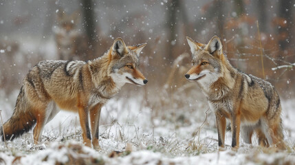 Two coyotes interact in a snowy environment, displaying natural behaviors and fur details amidst light snowfall.
