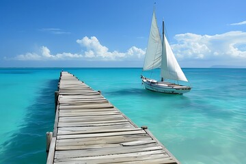 Weathered wooden pier overlooking a turquoise ocean, a sleek yacht with billowing white sails...
