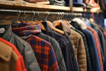Fototapeta premium Colorful Assortment of Coats and Jackets on Modern Display in Retail Shop