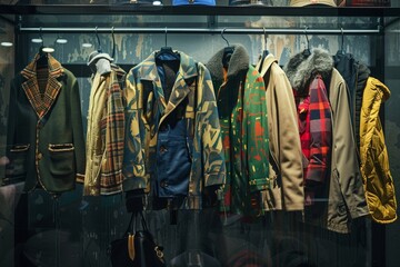 Fototapeta premium Colorful Assortment of Coats and Jackets on Modern Display in Retail Shop