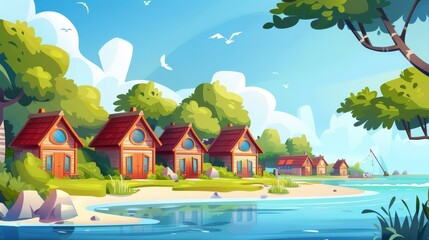 Wooden cabins on pond or sea shore with green grass and trees in a summer village environment. Cartoon modern summer landscape with wood cozy houses on the banks of a pond or sea with green grass and