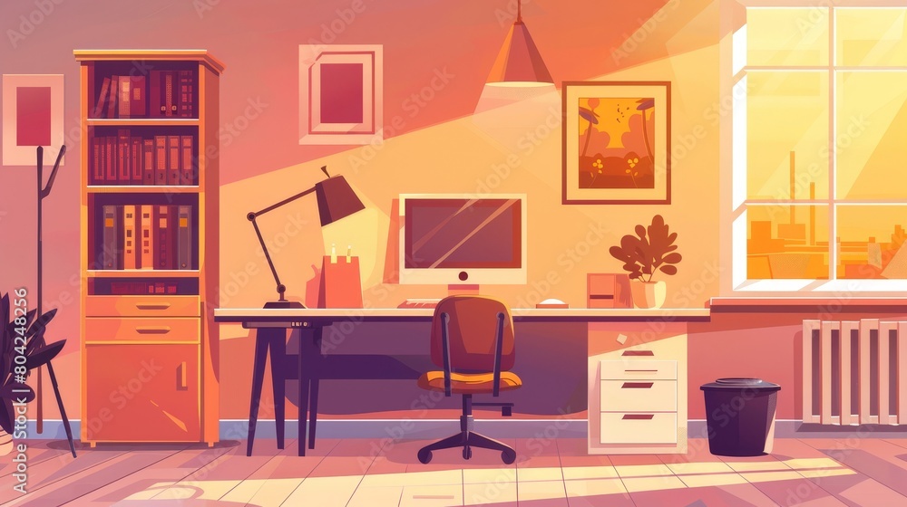 Poster work space interior. work desk with computer and monitor in modern flat design. empty workspace with