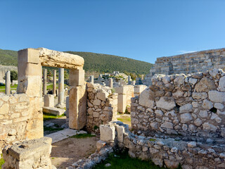 The ancient ruins of Patara in Antalya Province, Turkey, showcasing stone structures, columns, and an arch against a clear blue sky, evoking historical charm.