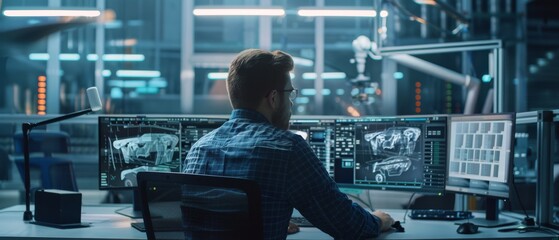 Observing desk of auto factory monitoring office: male chief automotive engineer working on green screen computer screen. Automated robotic arm assembly line manufacturing. Over shoulder view.