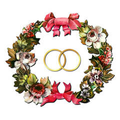 Wedding ornament with rings. Floral pattern of leaves and flowers. Two red bows decorate a wreath of plants. Large and small flowers. Two rings in the center.