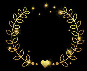 Floral pattern on a black background. R in gold texture. A branch with leaves in the shape of a circle. Heart in the center.