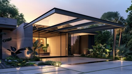 A sleek front entrance with a smart canopy that adjusts to weather conditions