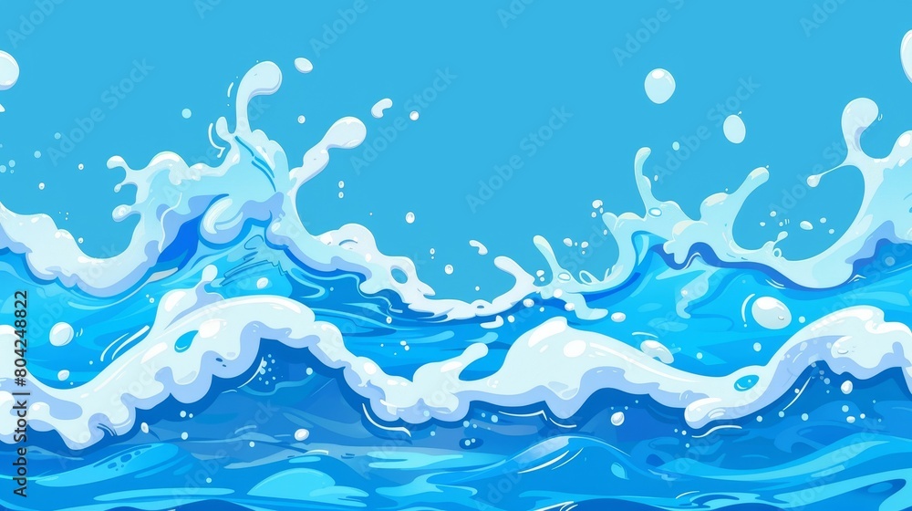 Poster a cartoon water splash and surf wave is created with spray and drops, a blue stream flow can be used