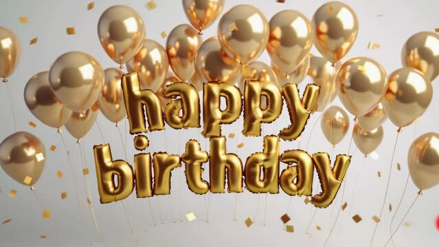 Beautiful golden helium balloons in the shape of happy birthday letters. Festive decoration of a room for an anniversary. Festive holiday decor. Hb celebration. Welcoming greeting party.