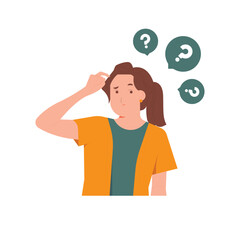 Confused woman worry with uncertain feeling doubtful decision, Thinking with serious thoughtful expression, question mark, dilemma, undecided concept illustration