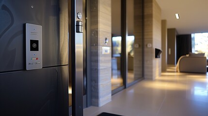 A sleek home entrance with a keyless entry pad and a hidden security camera