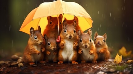 A group of small brown squirrels are huddled under an umbrella