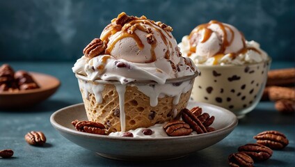 Vegan ice cream and red bean flavors enrich a creamy treat of ice cream, served with whipped cream in a sundae dish containing ice, cinnamon roll, and pecan caramel for a refreshing snack
