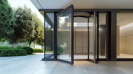 A sleek home entrance with a smart glass door that transitions from clear to opaque