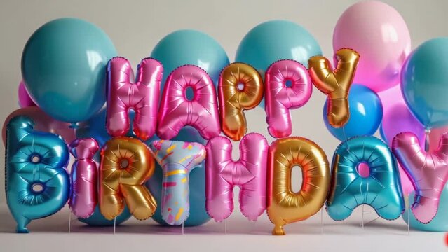 Beautiful blue and pink helium balloons in the shape of happy birthday letters. Festive decoration of a room for an anniversary. Festive holiday decor. Hb celebration. Welcoming greeting party.