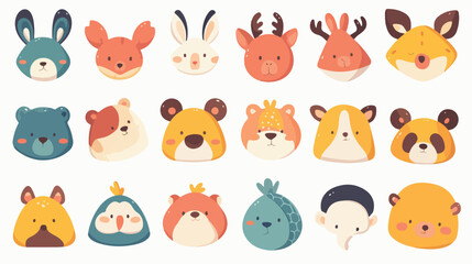 Cute cartoon animals heads set. 2d flat cartoon vac