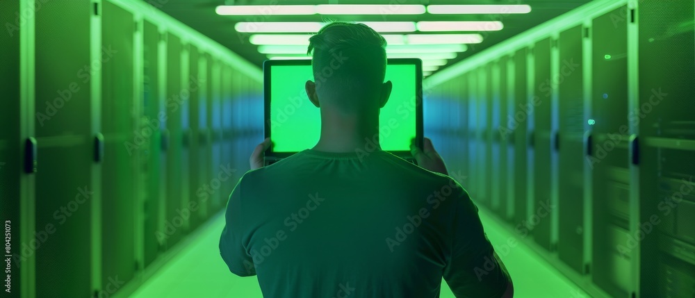 Poster a caucasian data center it technician stands at the corridor with a chroma key laptop computer. a ch