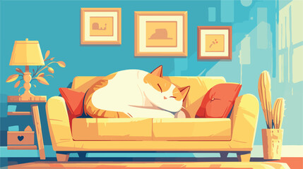 Cute cat resting on sofa indoors 2d flat cartoon va