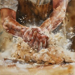 Close-up of an artisan's hands kneading dough, watercolor splashes emphasizing the motion and the texture of the flour
