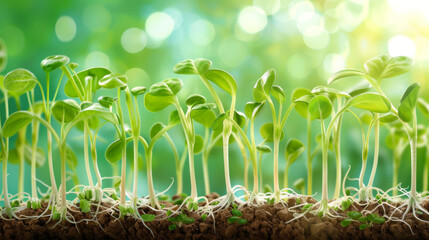 Photo illustrating young seedlings growing in a controlled environment under bright sunlight, focusing on sustainable agriculture.