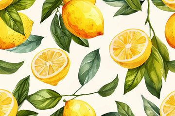 Lemon fruits tropical summer seamless pattern vector with hand drawn watercolor style illustration