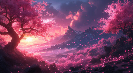 Naklejka premium Sakura Petals Dancing in the Fantastical Night Sky