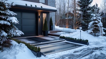 A sleek home entrance with a heated driveway and a snow-melt system