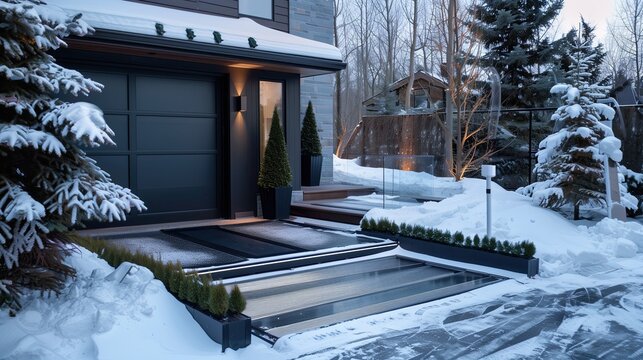 A sleek home entrance with a heated driveway and a snow-melt system