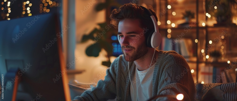 Poster man in headphones on computer in loft apartment in evening. smiling creative male using computer at 
