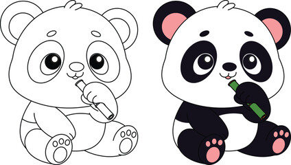 Cute adorable panda munching the bamboo cartoon character coloring page vector illustration.