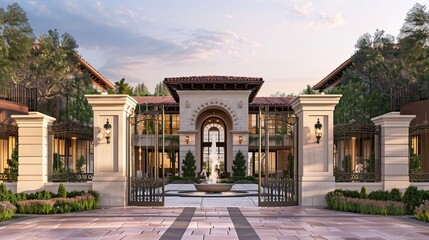 Obraz premium A sleek home entrance with a custom ironwork gate and a fountain