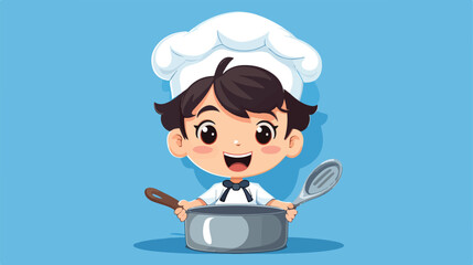 Cute little chef with toy cooking pot and spatula o
