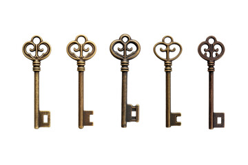 The Melodic Symphony of Five Vintage Keys. On a White or Clear Surface PNG Transparent Background.