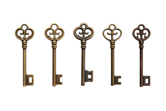 The Melodic Symphony of Five Vintage Keys. On a White or Clear Surface PNG Transparent Background.