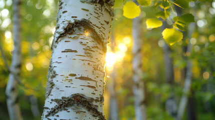 Detail of a birch tree bark with sun rays penetrating the soft, blurred background of a lush forest.