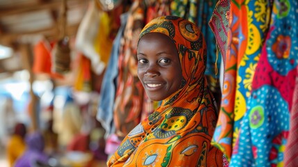 A vibrant scene at a local market where a Fulani girl, draped in colorful fabrics, skillfully bargains over goods, 