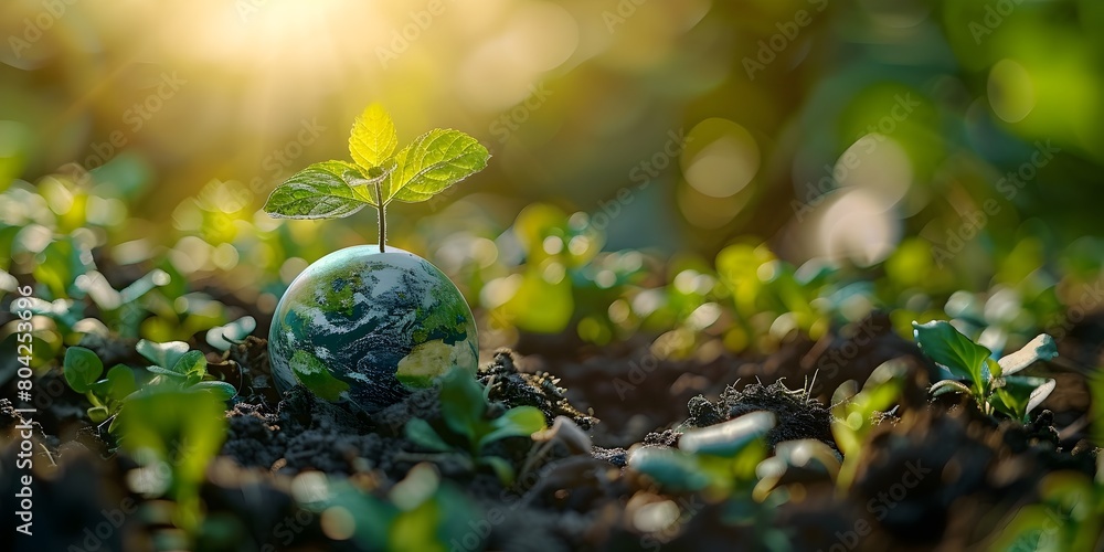 Poster sustainable living practices explored through green ecological globe with sprouting seedling in soil