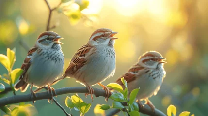 Poster de jardin  Joyous Birds Chirping in Springtime Amid Blossoming Tree Branches in Sunlit Landscape  © btiger