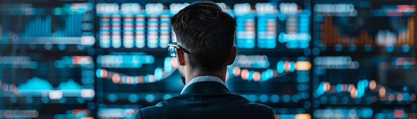 Financial analyst reviewing the impact of digital assets on global markets on multiple digital screens