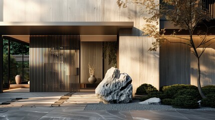 A sleek home with an entrance featuring a vertical sliding door and a zen rock sculpture