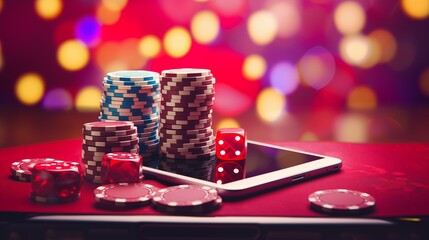 Online casino banner. Smartphone with playing chips on table on blurred neon background with bokeh effect. Internet gambling concept. Banner size, copy space.
