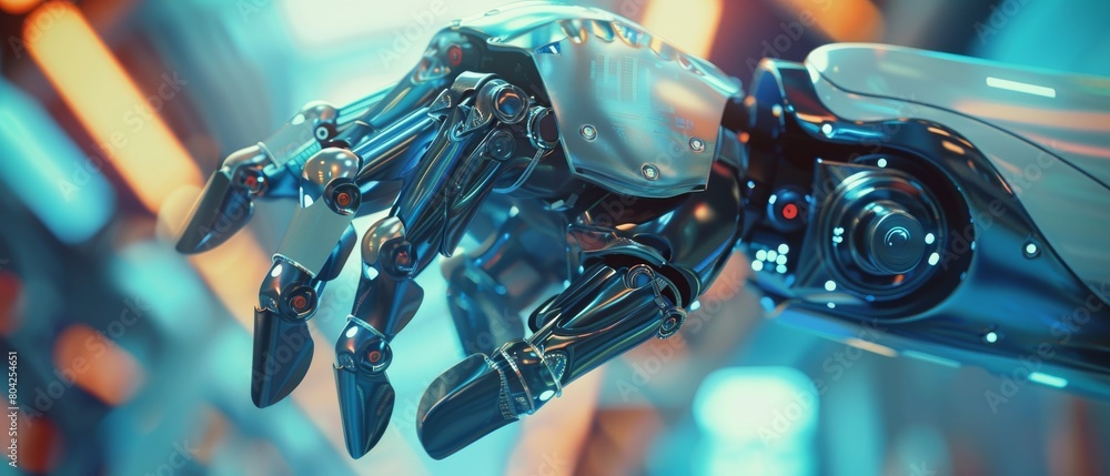 Poster futuristic design of ai robot hand that automates production processes. advanced robotics technology