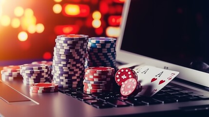Online gambling, casino chips, cards and dice laying on laptop keyboard, internet betting gaming addiction, poker and bets addiction.