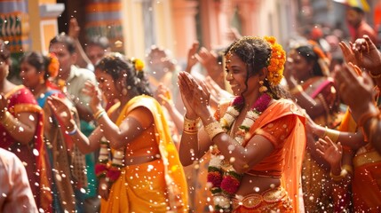 A vibrant religious festival, with participants adorned in traditional attire, dancing and celebrating in honor of a revered deity or saint.