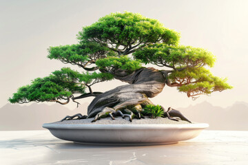 Exquisite bonsai tree with lush green leaves, carefully pruned and arranged on a clean white background.