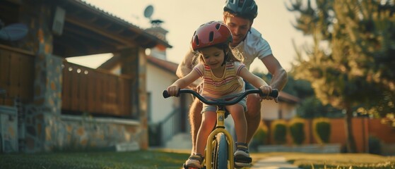 Successful Girl Wearing a Helmet, Balancing and Pedaling Herself on a Bike on the Lawn of Their Big Home. Father Teaching Daughter to Ride a Bicycle on the Lawn of Their Big Home.