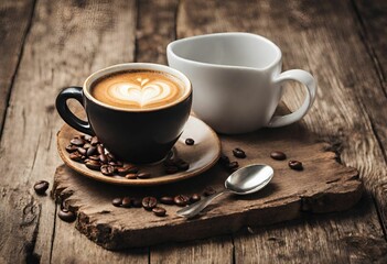 taza de café con leche servido sobre tabla de madera