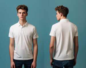 Front and back views of a man wearing a white polo shirt mockup template